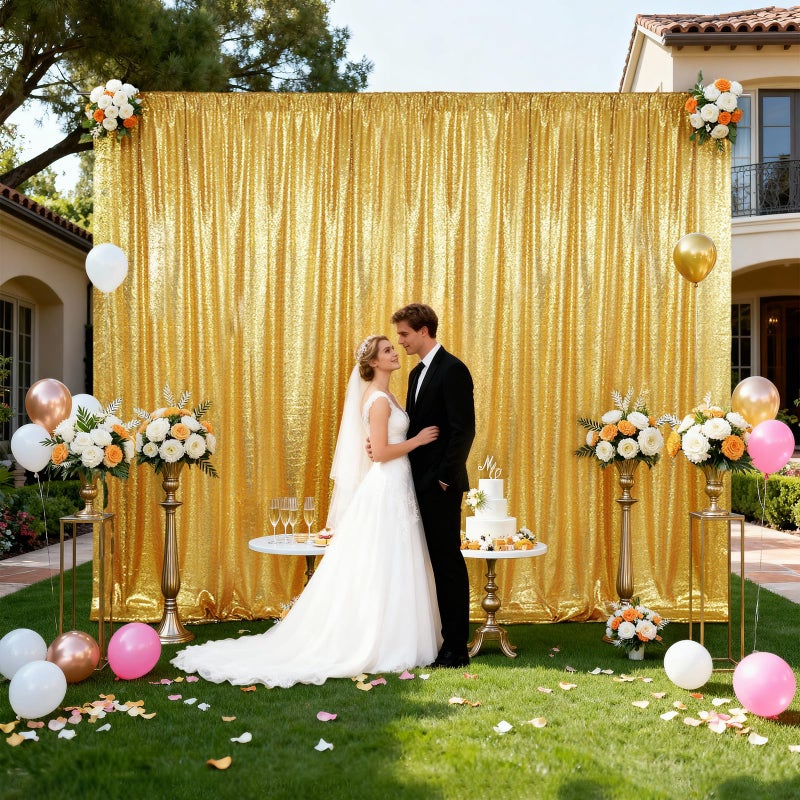 SquarePie Sequin Backdrop Curtain Not See Through Background for Wedding Party 10FT x 10FT Gold - Image 2